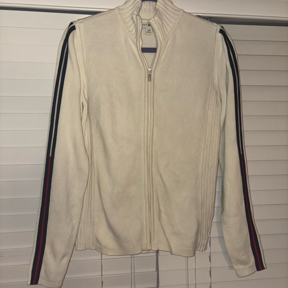 Late 90’s early 2000’s Y2K Prep Tommy Hilfiger Cream Ribbed Zip-Up Sweater